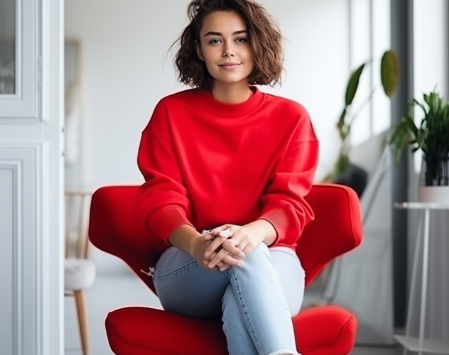 Persoon in een rode trui zit op een rode stoel in een lichte kamer met planten op de achtergrond.