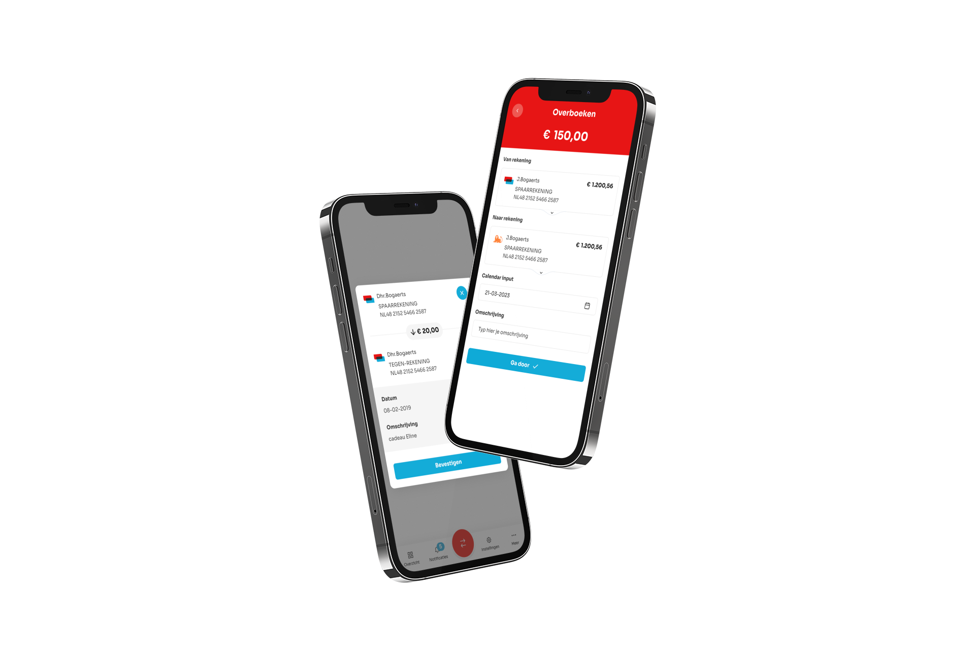 Twee smartphones tonen een mobiele app met een betalingsoverzicht en een totaalbedrag van € 16,00.