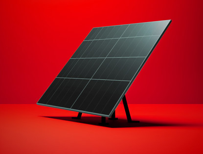 Zonnepaneel op een felrode achtergrond, geïllustreerd als een bron van duurzame energie.