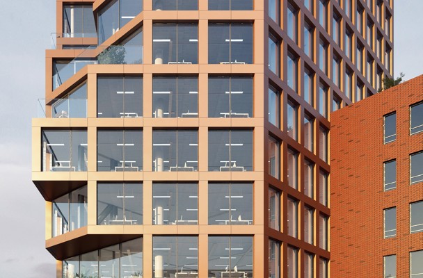 Modern kantoorgebouw met een unieke, schuin aflopende gevel en grote ramen die uitzicht op het interieur bieden.