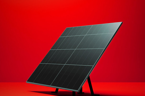 Zonnepaneel op een zwarte standaard voor een rode achtergrond.