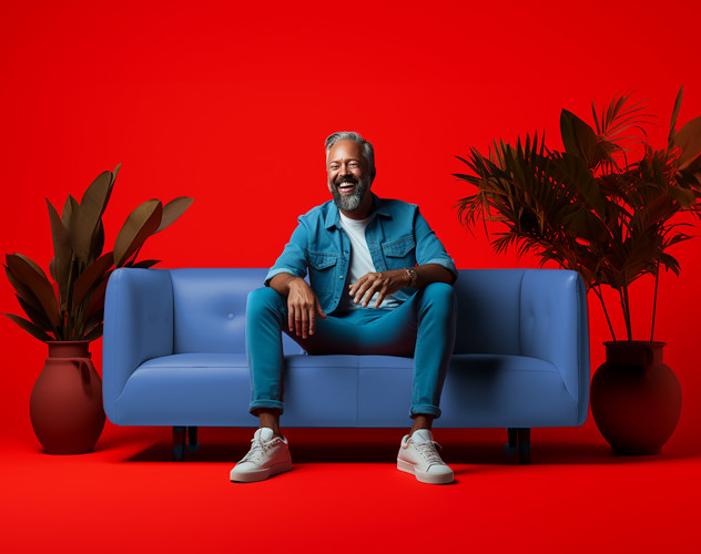 Lachende Man Bank Blauw Achtergrond Rood