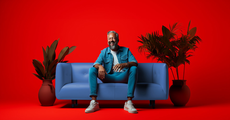 Man in een blauwe outfit zit ontspannen op een lichtblauwe bank, tegen een felrode achtergrond, omringd door groene planten.