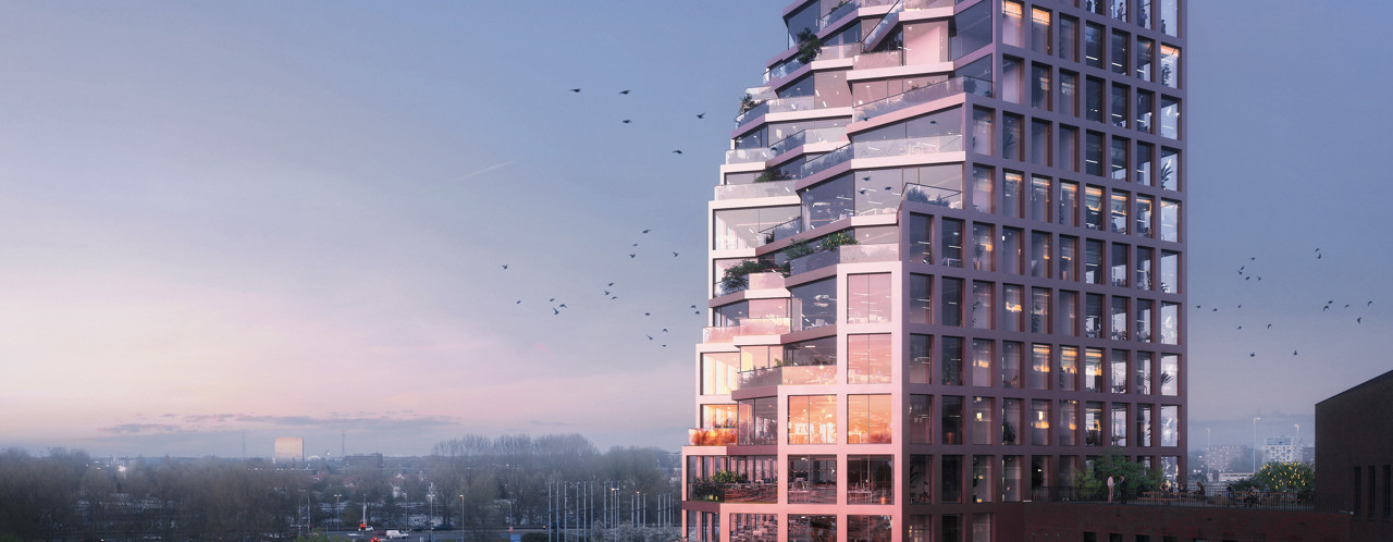 Moderne woontoren met een uniek gestructureerde gevel in pastelkleuren, omringd door groene planten en een blauwe lucht.