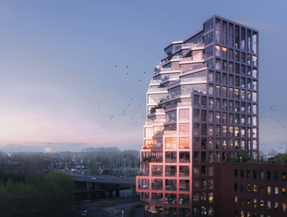 Modern residential tower with a uniquely patterned façade in pastel colors, surrounded by greenery and clear sky.