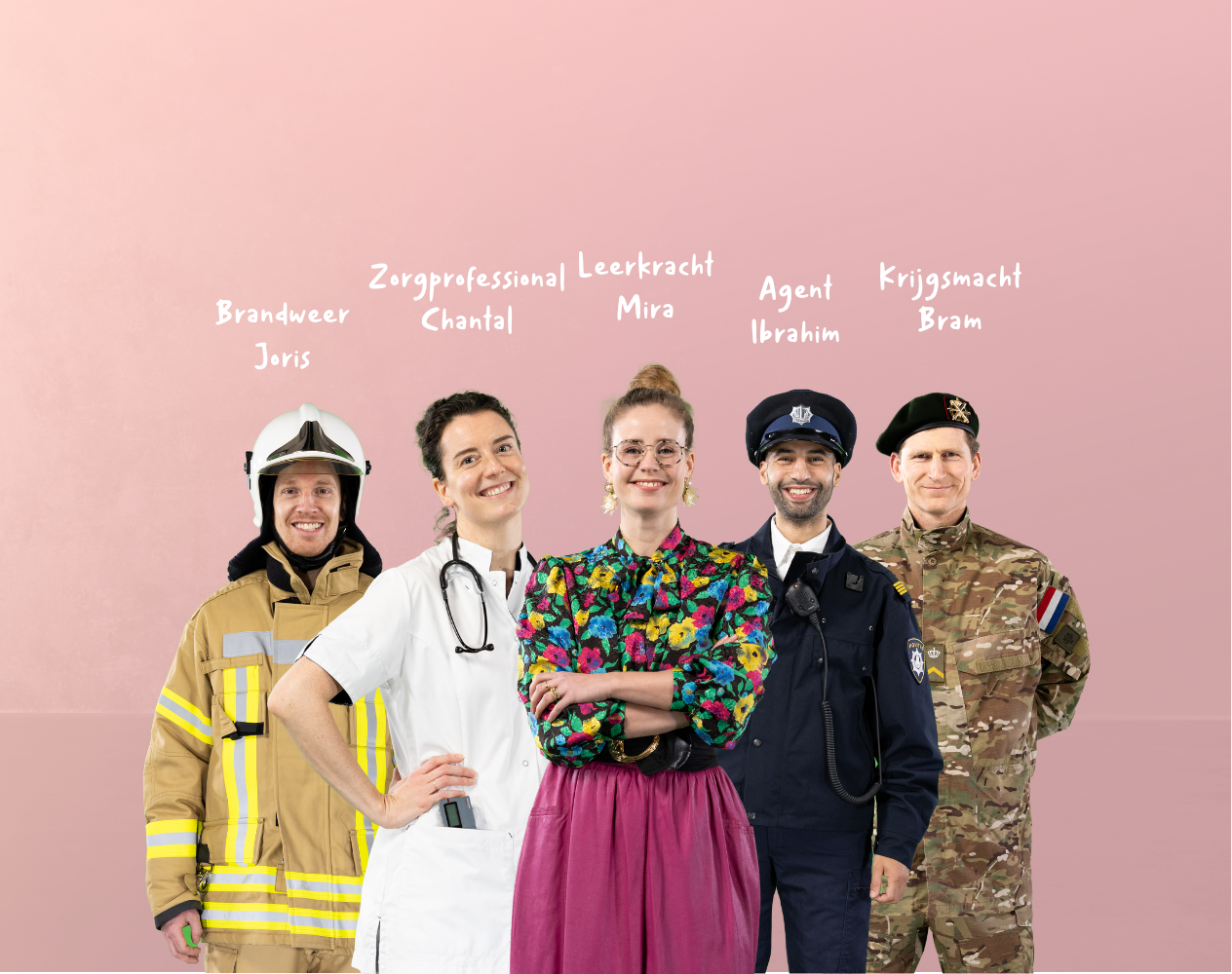 Vijf professionals in diverse uniformen staan naast elkaar: een brandweerman, zorgprofessional, leerkracht, politieagent en militair.