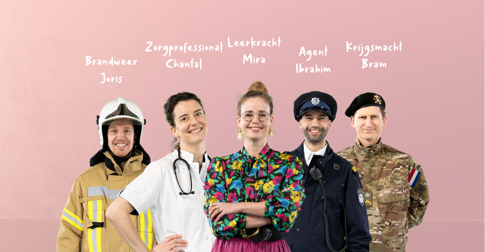 Vijf professionals in diverse uniformen staan naast elkaar: een brandweerman, zorgprofessional, leerkracht, politieagent en militair.