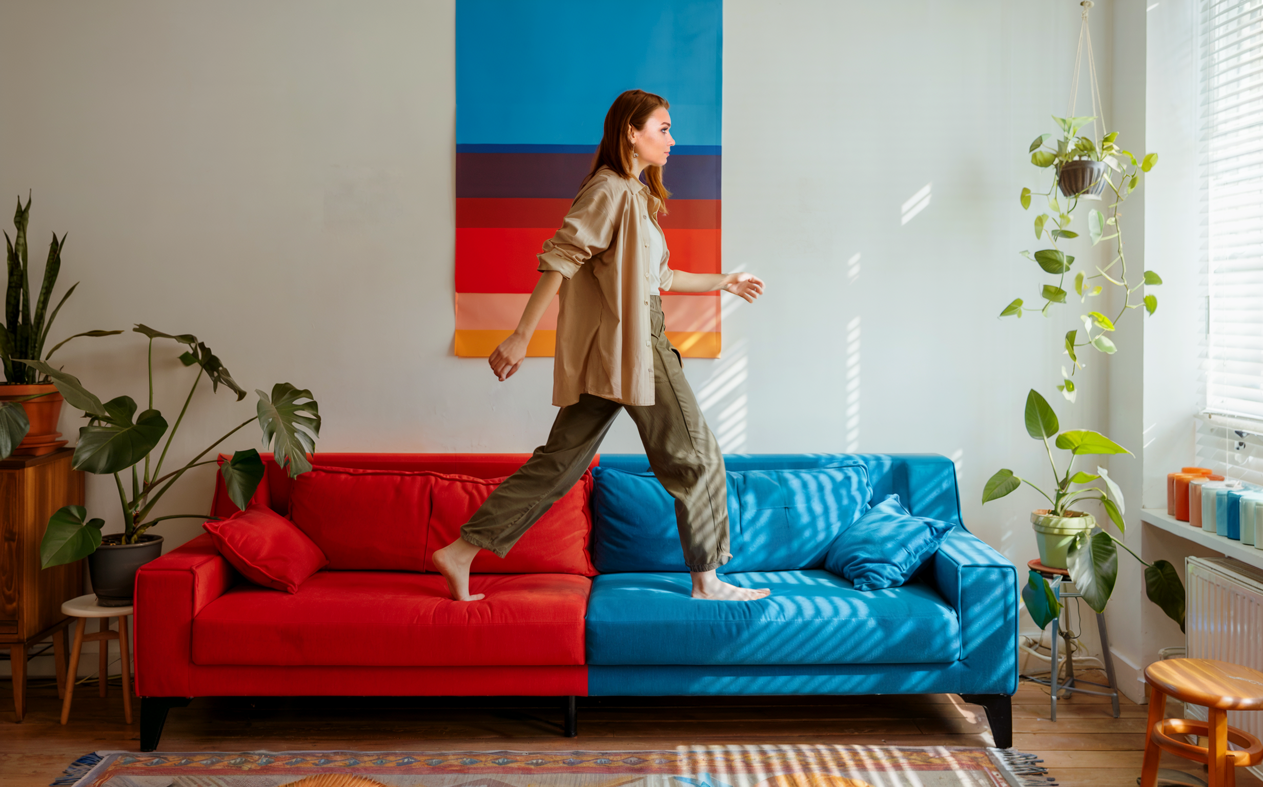 Mevrouw Loop Over Een Bank Heen Die Rood Met Blauw Is