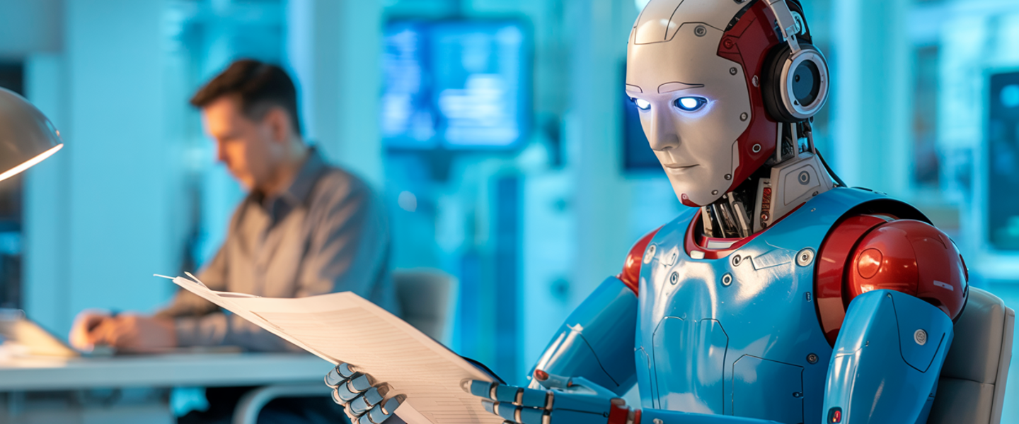 Een robot leest documenten in een kantooromgeving, terwijl een persoon aan een bureau werkt, omringd door technologie.