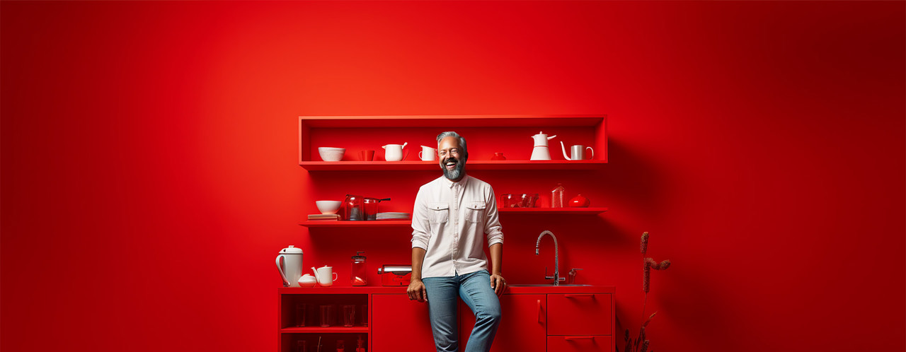 Een persoon staat in een helderrode keuken met een bijpassend rek vol servies en kookgerei.