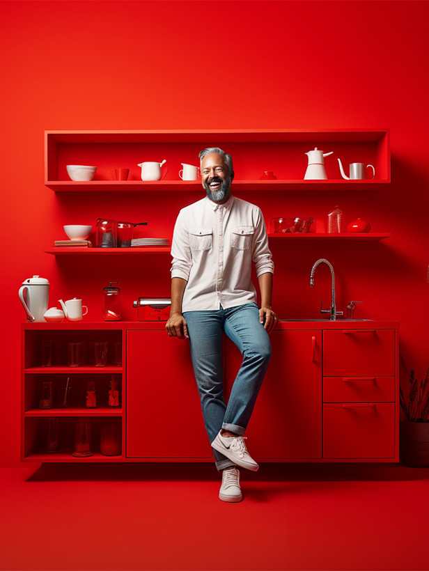 Een persoon staat in een helderrode keuken met een bijpassend rek vol servies en kookgerei.