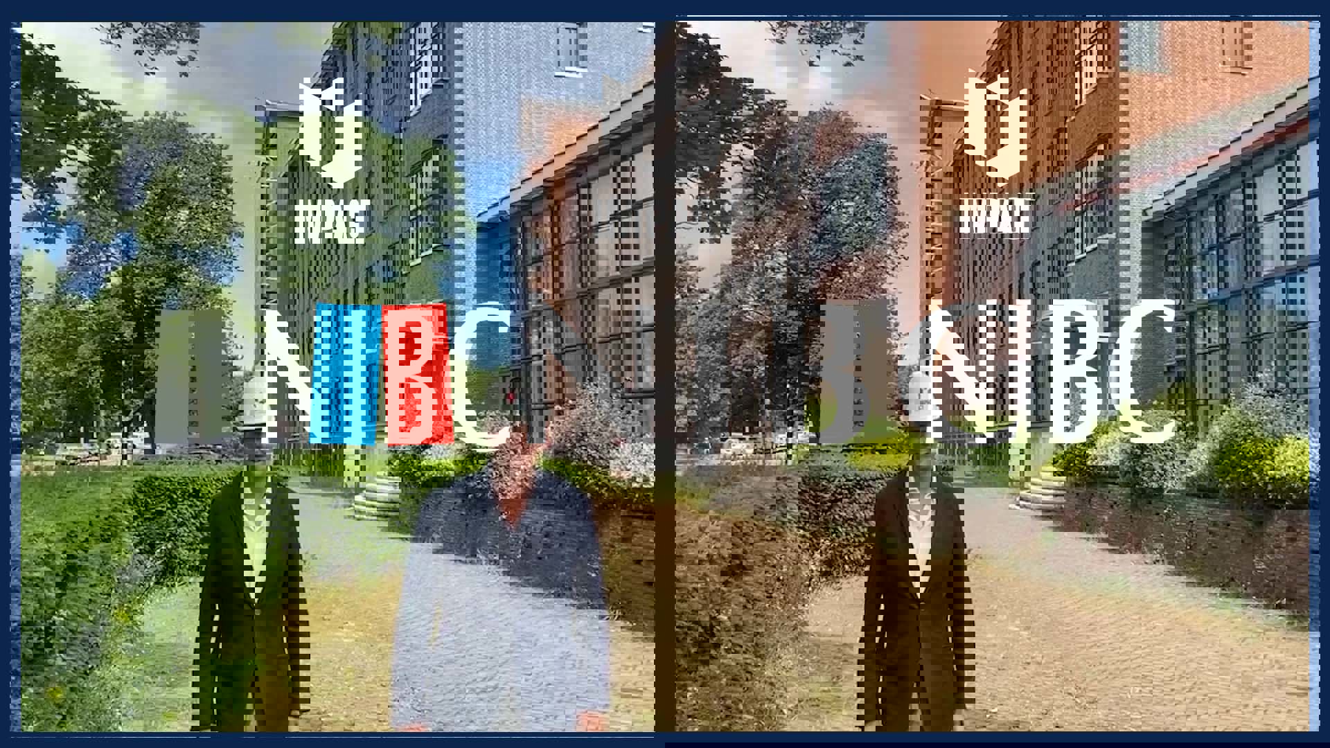 Man in een lichtblauwe blazer staat voor een modern gebouw met het NIBC-logo en de tekst 'IMPACT' bovenaan.