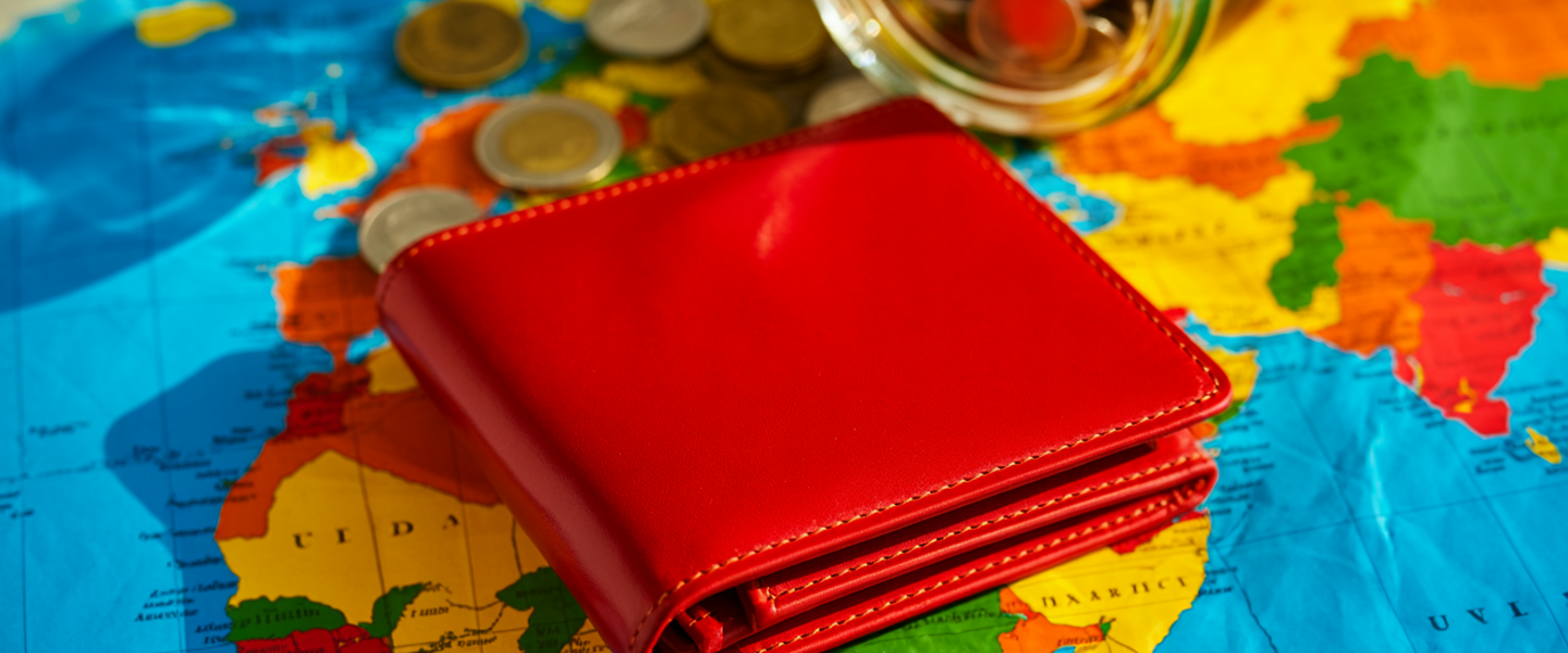 Rode leren portemonnee op een wereldkaart, omringd door munten, wat het thema van reizen en financiën oproept.