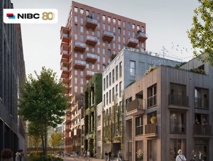 Modern apartment complexes featuring various architectural styles, surrounded by greenery and railings, under a clear sky.