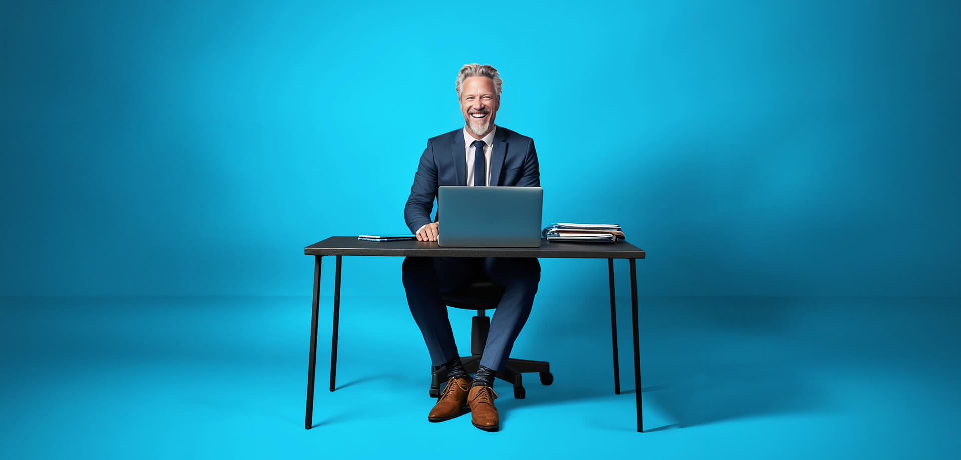 Zittende man in een pak achter een bureau met een laptop, tegen een heldere blauwe achtergrond.