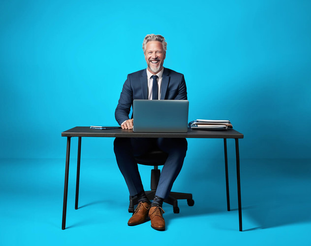 Zittende man in een pak achter een bureau met een laptop, tegen een heldere blauwe achtergrond.
