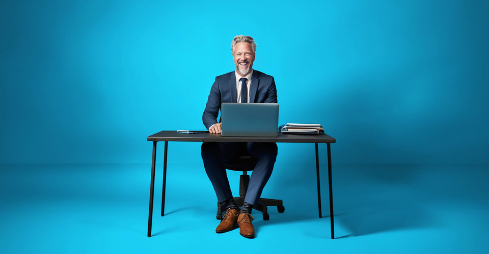Zittende man in een pak achter een bureau met een laptop, tegen een heldere blauwe achtergrond.