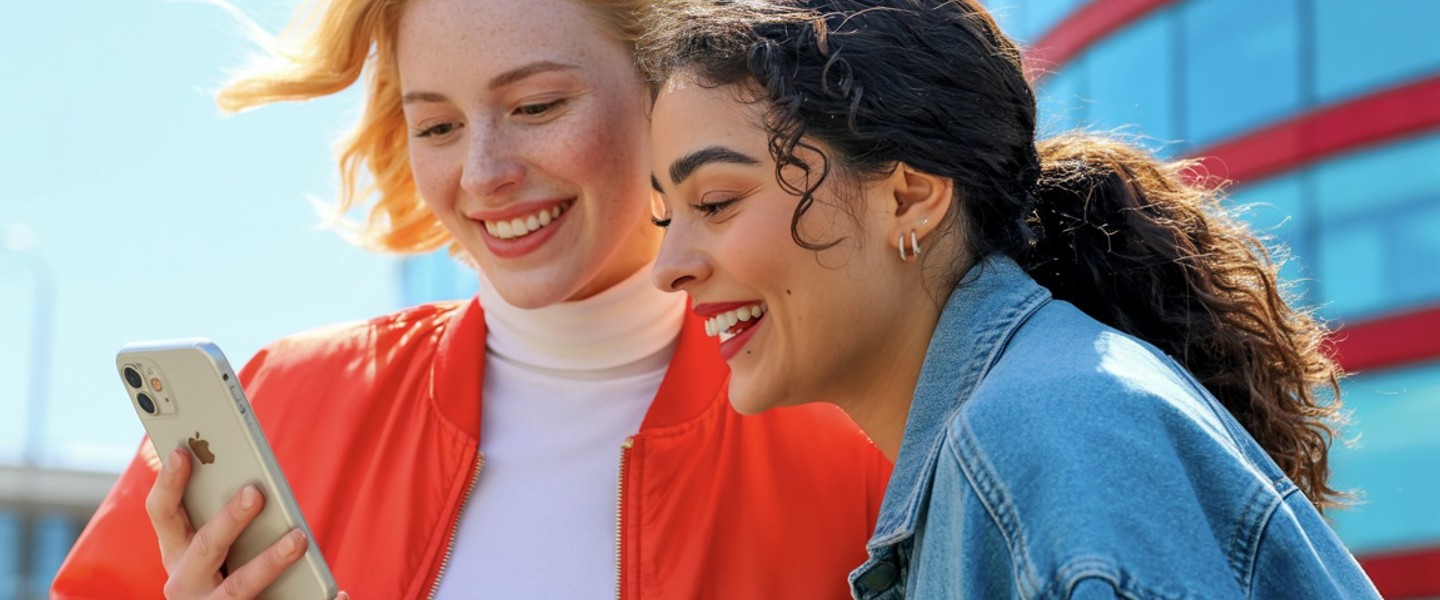 Twee jonge vrouwen bekijken samen een smartphone buiten, met een modern gebouw op de achtergrond.