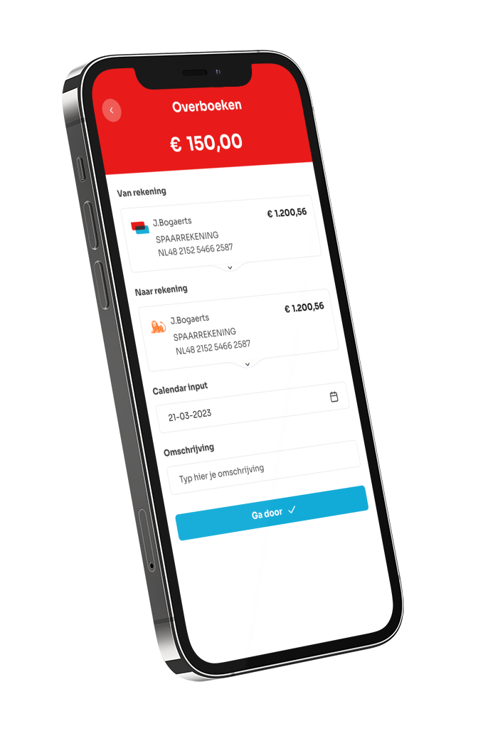 Scherm van een smartphone met een interface voor het overmaken van €150,00 van een spaarrekening naar een andere rekening.