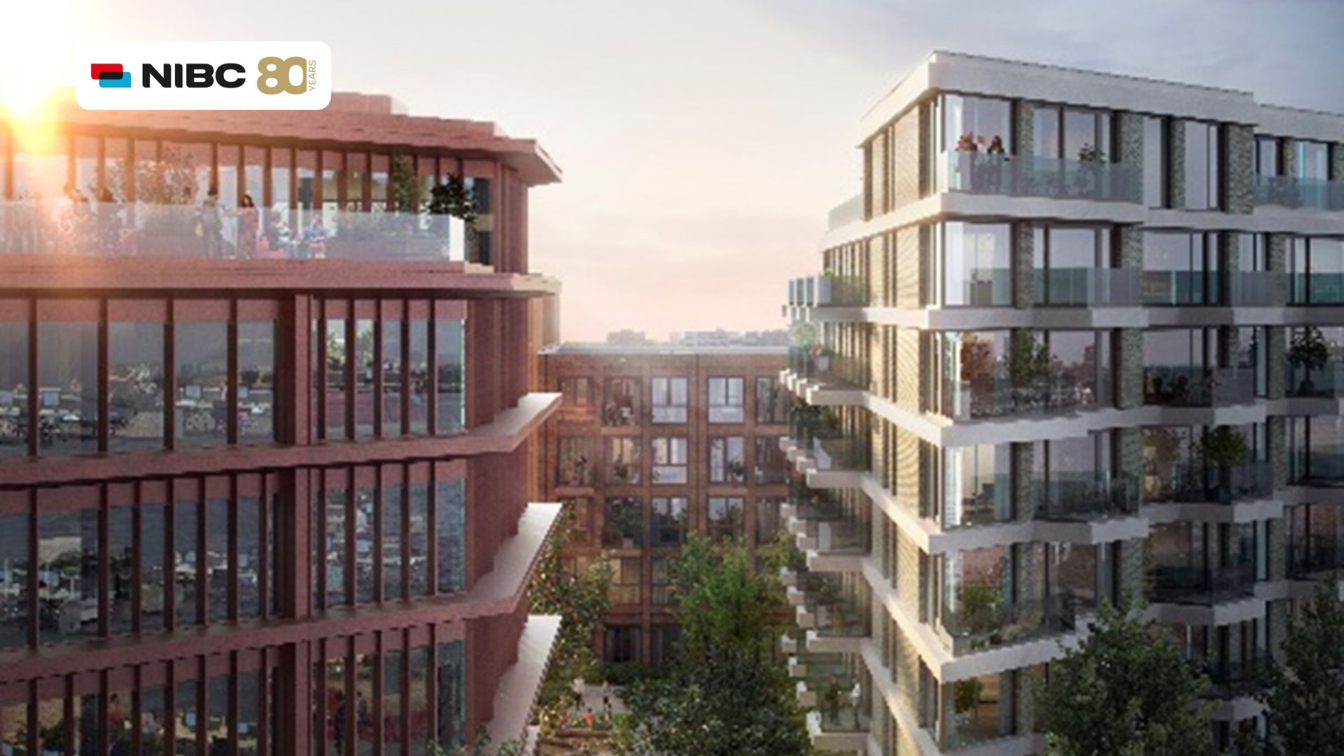 Modern apartment buildings with green gardens, presented in a promotional image for NIBC celebrating their 80th anniversary.