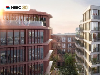 Modern apartment buildings with green gardens, presented in a promotional image for NIBC celebrating their 80th anniversary.