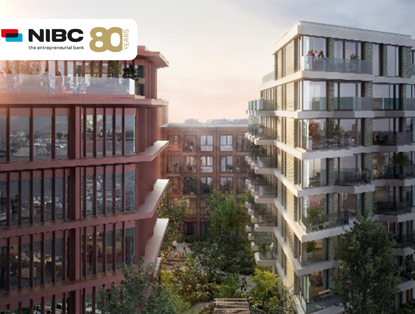Modern apartment buildings with green gardens, presented in a promotional image for NIBC celebrating their 80th anniversary.