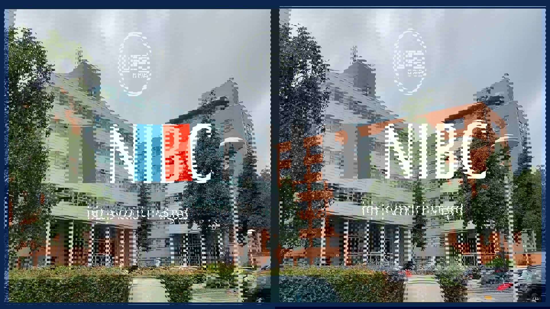 Kantoorcomplex met zichtbaar NIBC-logo en de slogan helpt je vooruit in vastgoed op de voorgrond.
