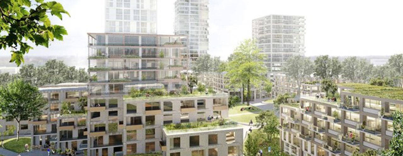 Moderne gebouwcomplexen met groene daken en veel bomen, omringd door een park met mensen die buitenactiviteiten uitvoeren.