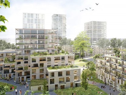Modern building complexes with green roofs and many trees, surrounded by a park-like setting with people engaging in outdoor activities.