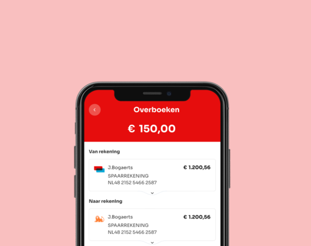 Scherm van een mobiele app met de optie om €150,00 over te boeken van een spaarrekening naar een andere rekening.
