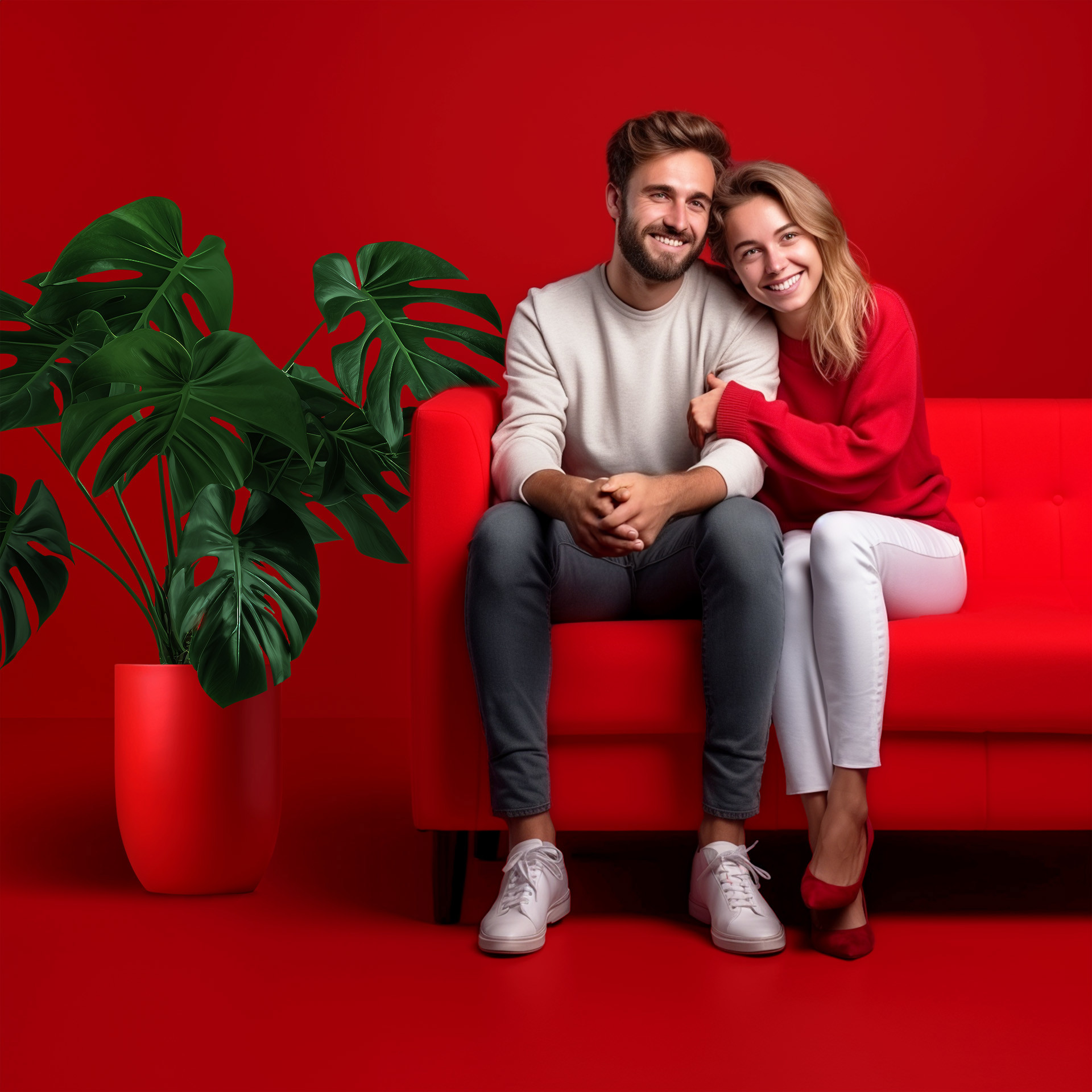 Een man en vrouw zitten samen op een felrode bank, omringd door groene planten. De vrouw leunt liefdevol tegen de man aan.