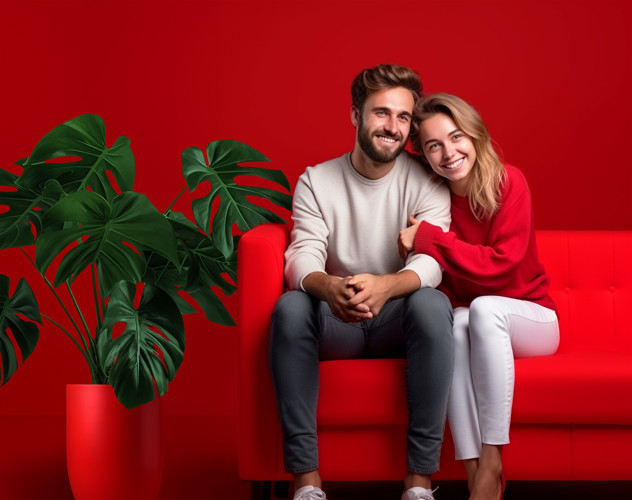 Een man en vrouw zitten samen op een felrode bank, omringd door groene planten. De vrouw leunt liefdevol tegen de man aan.