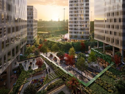 An urban landscape featuring modern buildings surrounded by lush gardens and trees, where people are walking and relaxing.