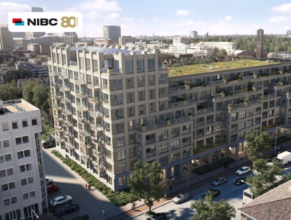 Modern apartment building with a green rooftop garden and numerous windows, surrounded by trees and a street filled with cars.