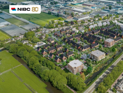 Aerial view of a green residential area with modern houses and surrounding nature, featuring a NIBC logo in the top corner.