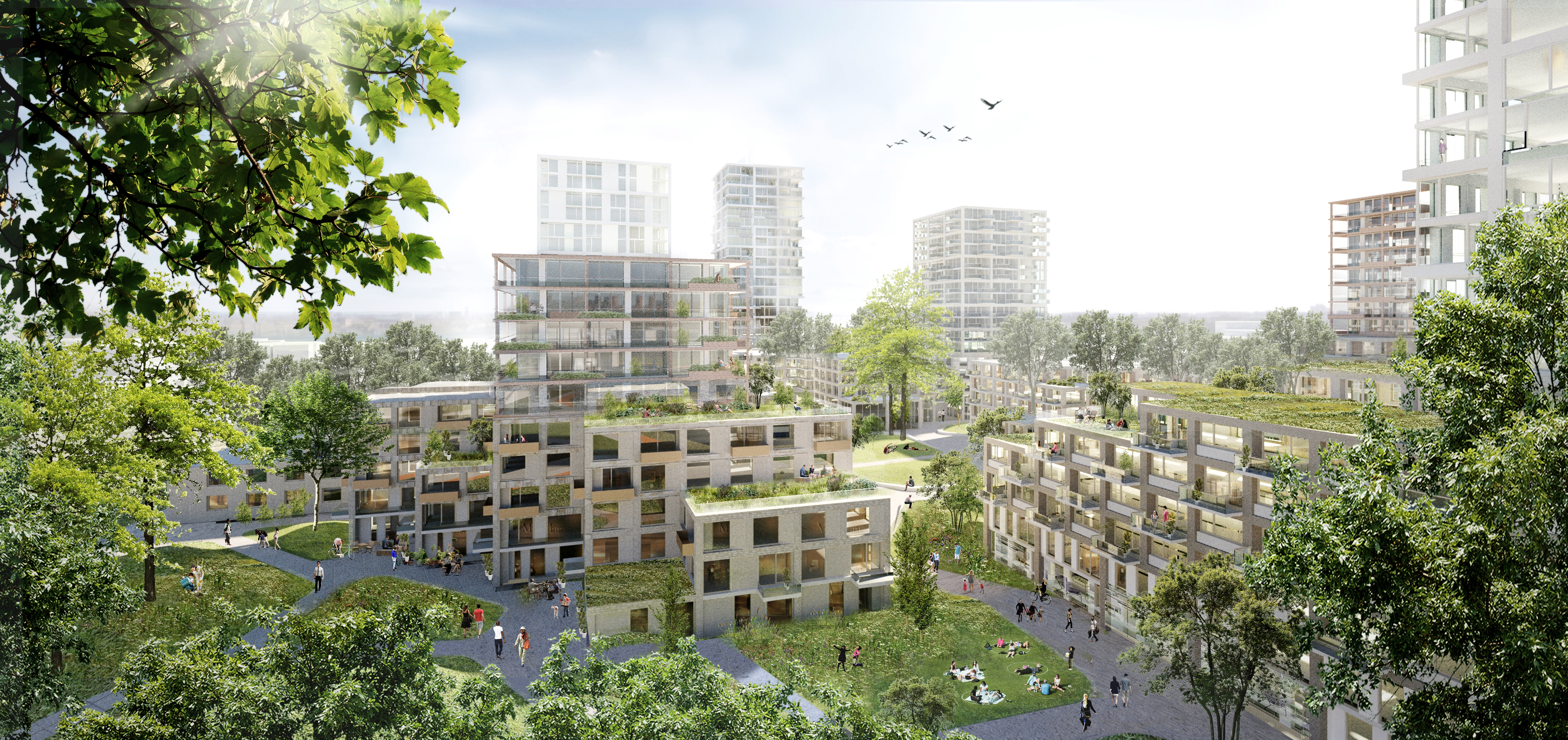 Moderne, duurzame appartementencomplexen met groene daken en tuinen, omgeven door bomen en een park waar mensen bezig zijn met buitensporten.