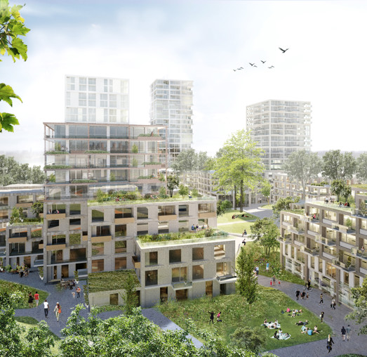 Moderne, duurzame appartementencomplexen met groene daken en tuinen, omgeven door bomen en een park waar mensen bezig zijn met buitensporten.