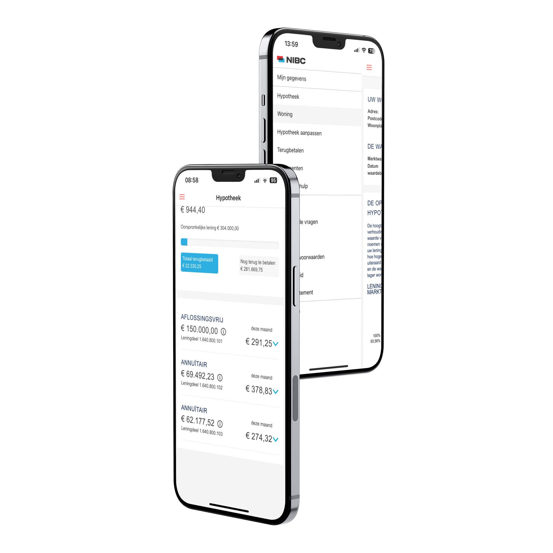 Twee smartphones tonen de NIBC-app: de eerste toont informatie over een hypothecaire lening, terwijl de tweede toegang biedt tot gebruikersinformatie.