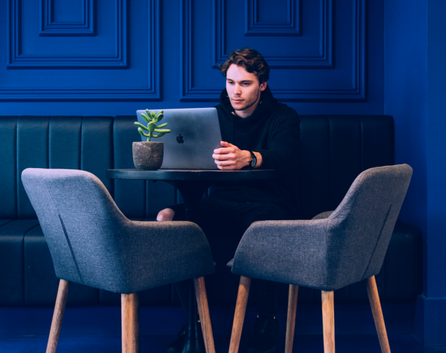 Persoon zit aan een tafel met een groene plant achter een laptop in een kamer met blauwe muren en comfortabele stoelen.