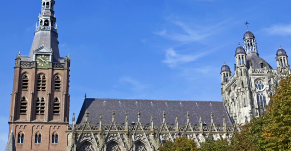 De gevel van een historische kerk met een hoge toren en intricte architectuur, omringd door bomen onder een blauwe lucht.