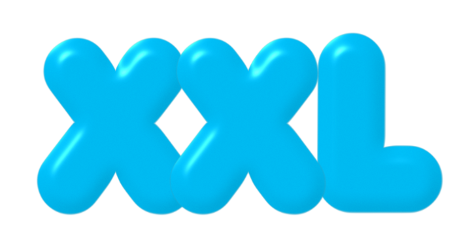 Blauwe 3D-letters 'XXL' die een grote maat weergeven.