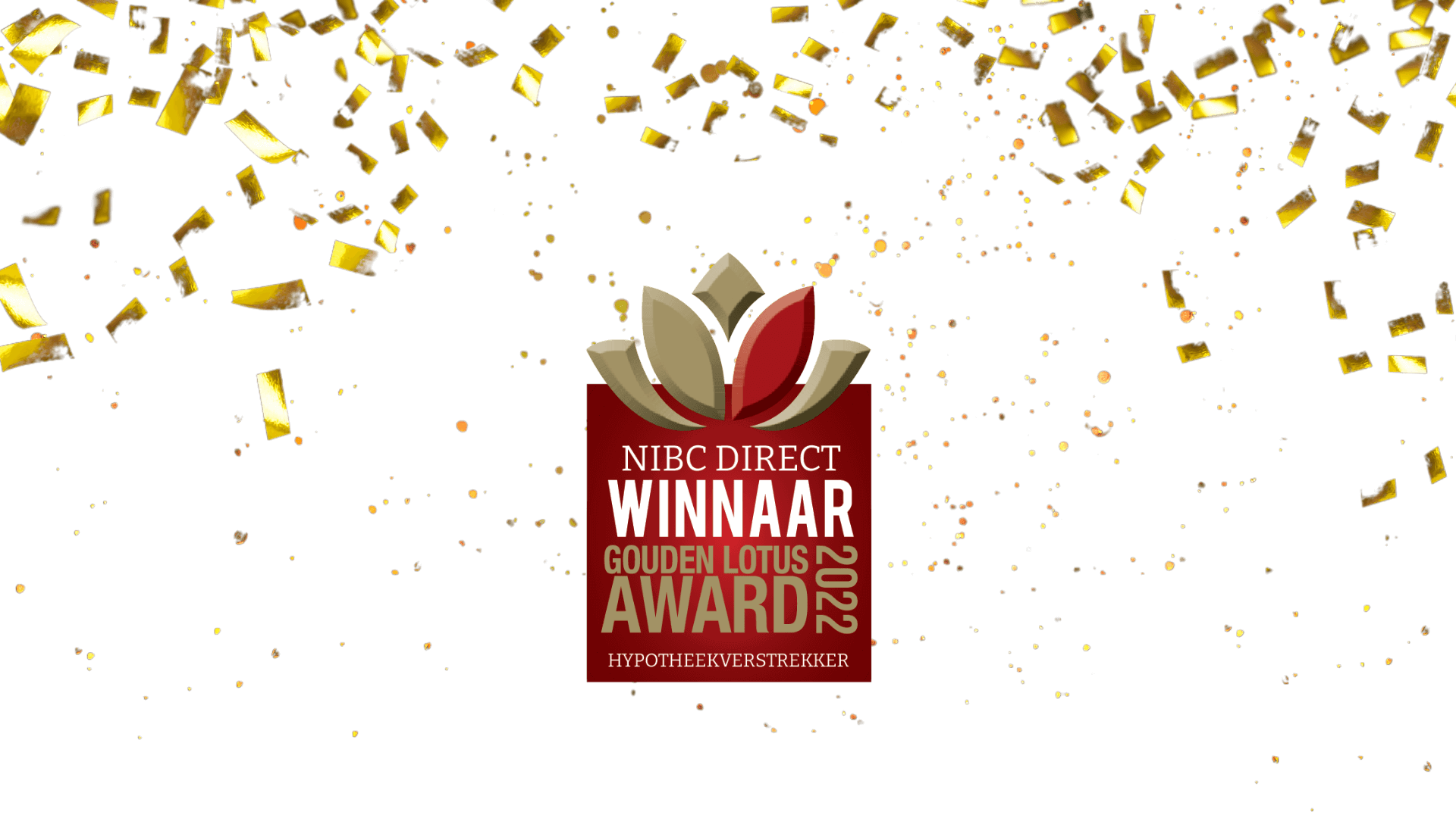 Logo van de NIBC Direct Gouden Lotus Award 2022, omgeven door gouden confetti.