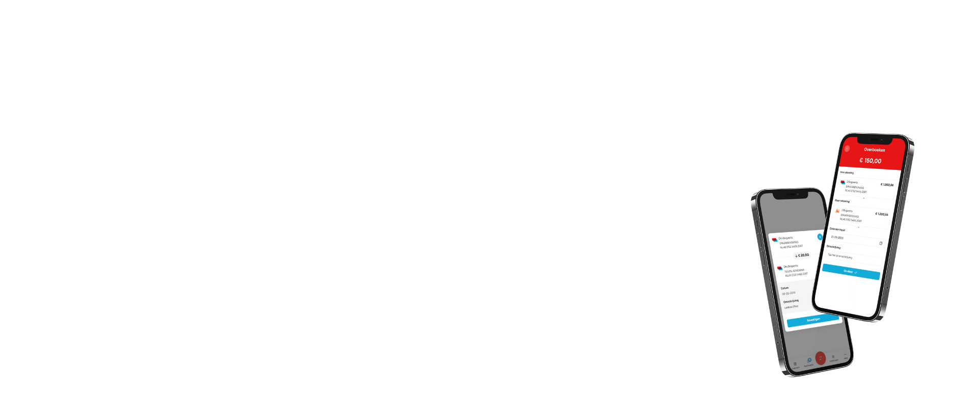 Twee smartphones tonen een mobiele app voor online bankieren, inclusief transactiedetails en een saldo-overzicht.