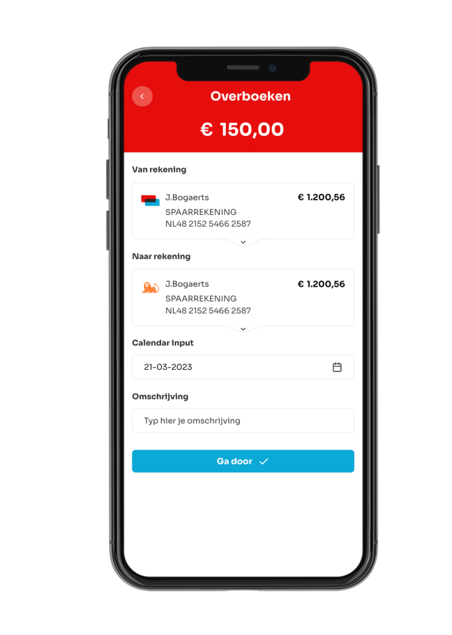 Afbeelding van een smartphonescherm dat een betaalinterface weergeeft voor het overboeken van €150,00 tussen spaarrekeningen, inclusief een kalender voor het selecteren van een datum.
