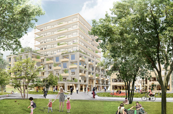 Modern appartementencomplex met groene balkons, omringd door bomen en een park, waar mensen en kinderen samenkomen.