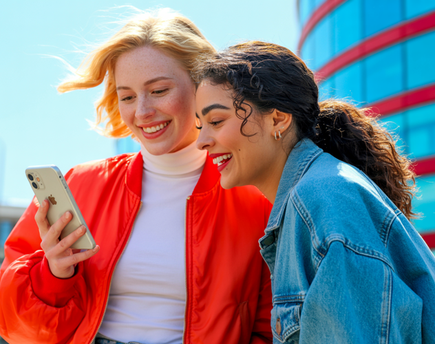 Twee jonge vrouwen staan dicht bij elkaar en kijken naar een telefoon; de een draagt een rood bomberjack en de ander een spijkerjack.