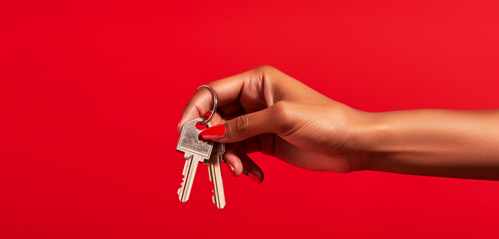 Hand met lange, rode nagels die een sleutelbos vasthoudt, tegen een helderrode achtergrond.