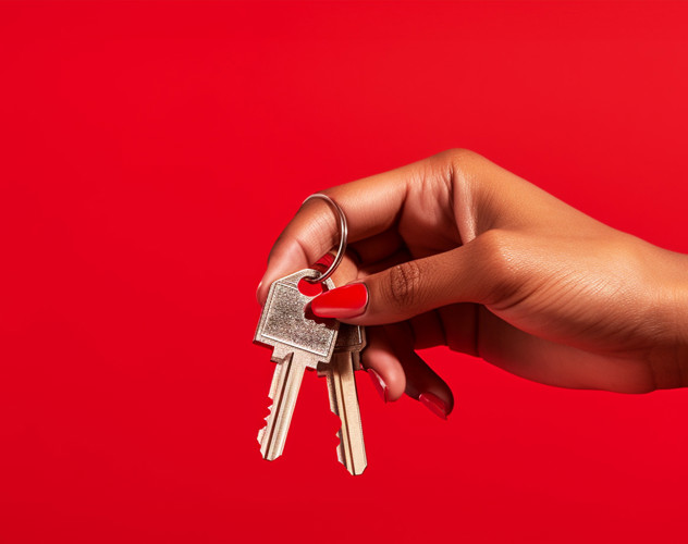 Hand met lange, rode nagels die een sleutelbos vasthoudt, tegen een helderrode achtergrond.