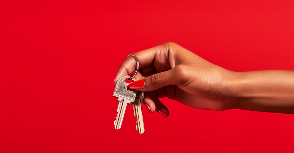 Hand met lange, rode nagels die een sleutelbos vasthoudt, tegen een helderrode achtergrond.