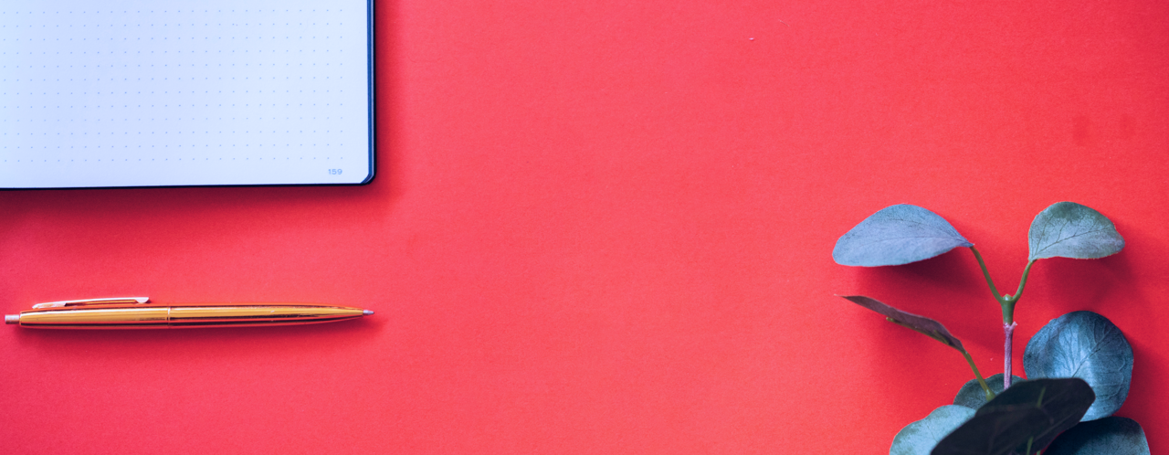 Licht notitieboek met een pen en een groene plant op een felrode achtergrond.